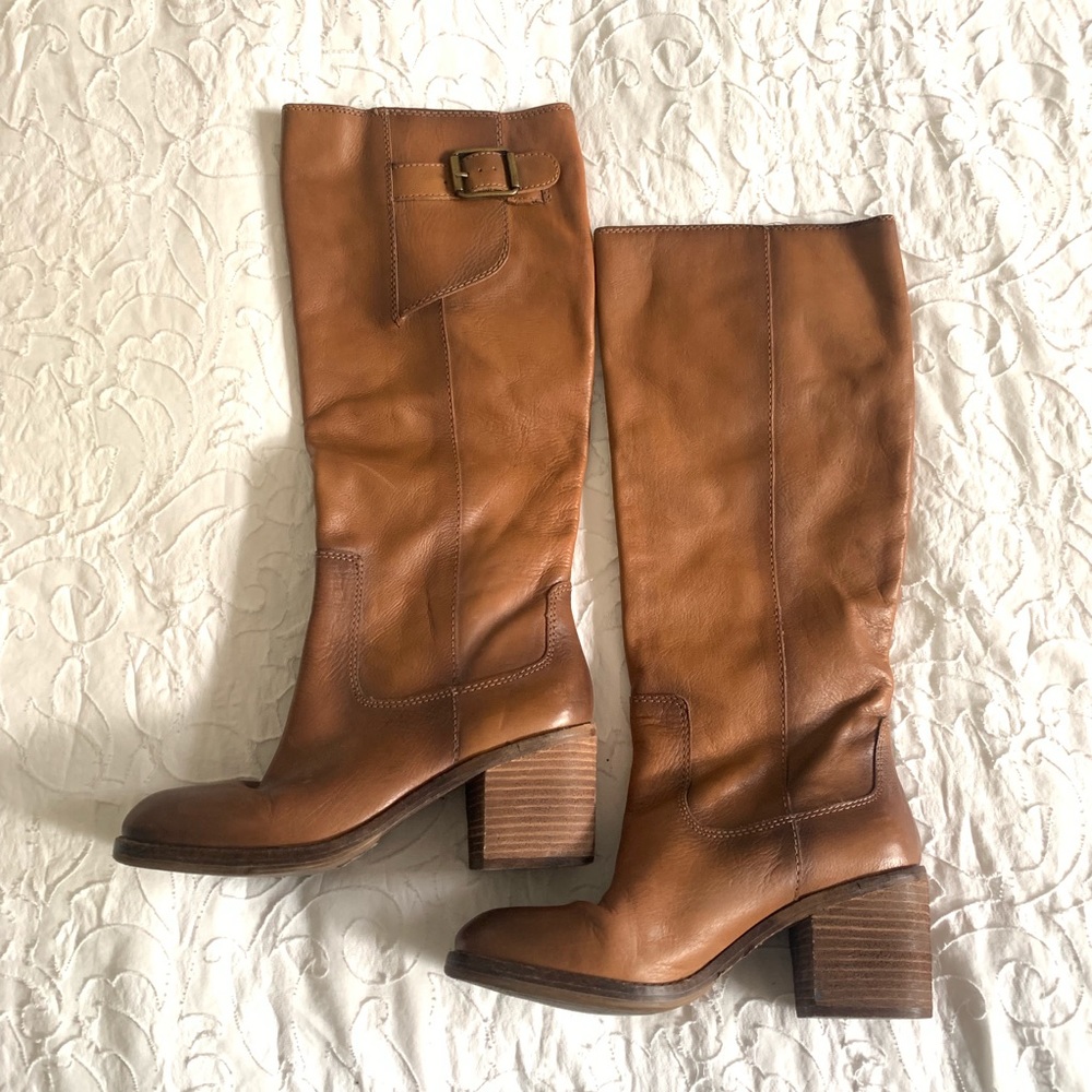 Lucky brand brown leather block stacked heel boots